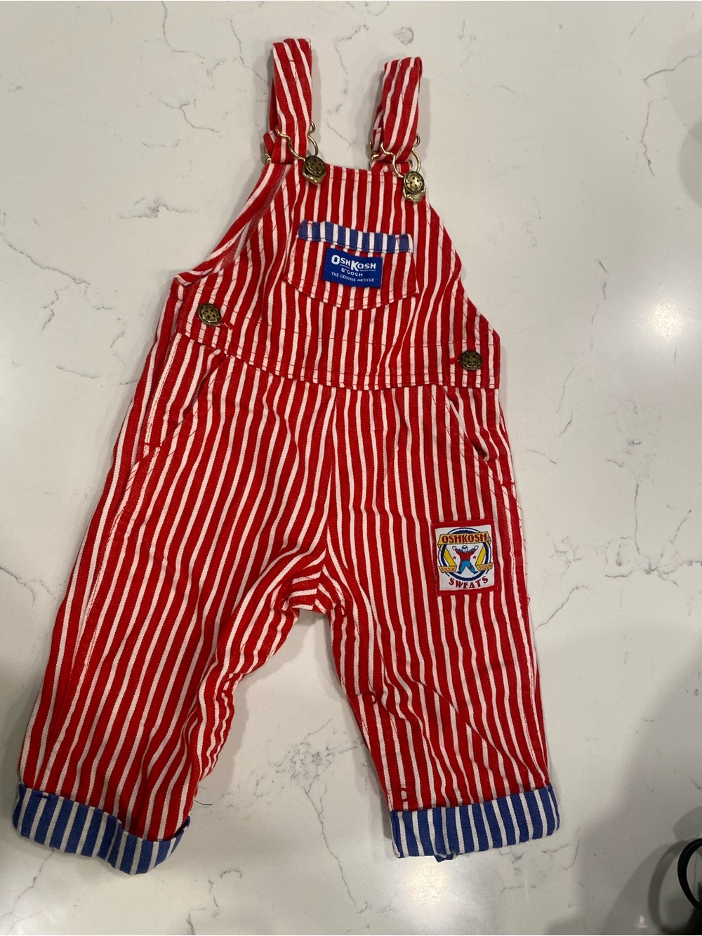 Vintage OshKosh B'gosh red, white striped 100% cotton overalls made in USA 12mo